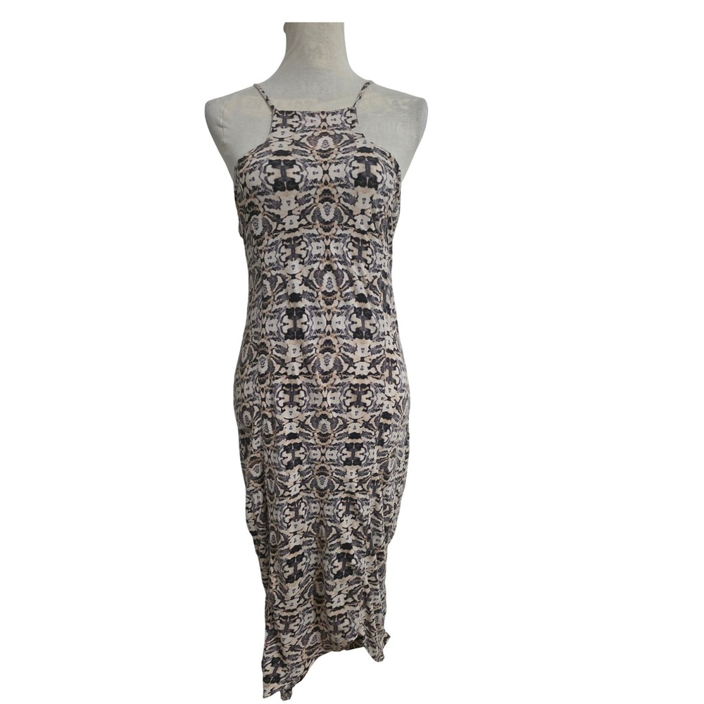 Express Womens Damask Geometric Print High Neck Bodycon Midi Dress‎ Tan Black S